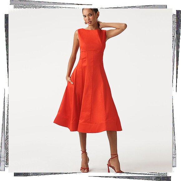 NWT: Red Cotton Sleeveless Boat Neck Drop Waist Midi Dress (S) by Anthropologie - Picture 1 of 4